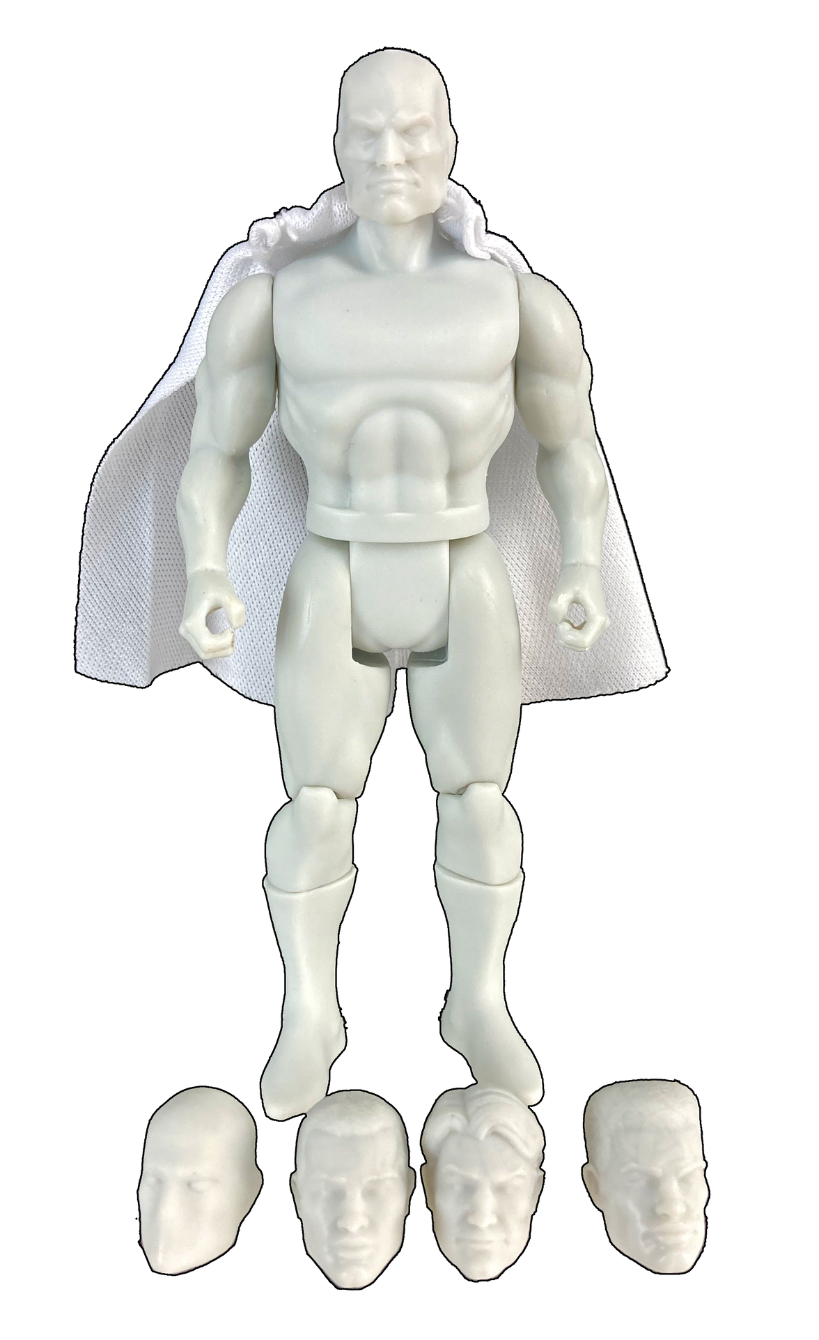 Boss Fight Studio Llc Power Stars 5-inch blank muscular action figure with white cape and four interchangeable heads on white background
