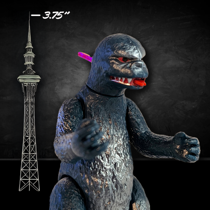 Super7 Vintage 60s Godzilla 3.75 inch blue and silver loose action figure close-up with height comparison graphic