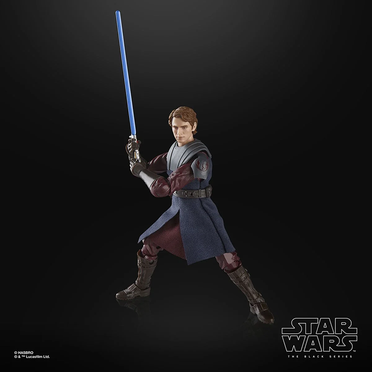 Hasbro Star Wars Black Series Anakin Skywalker action figure with blue lightsaber in combat pose on black background