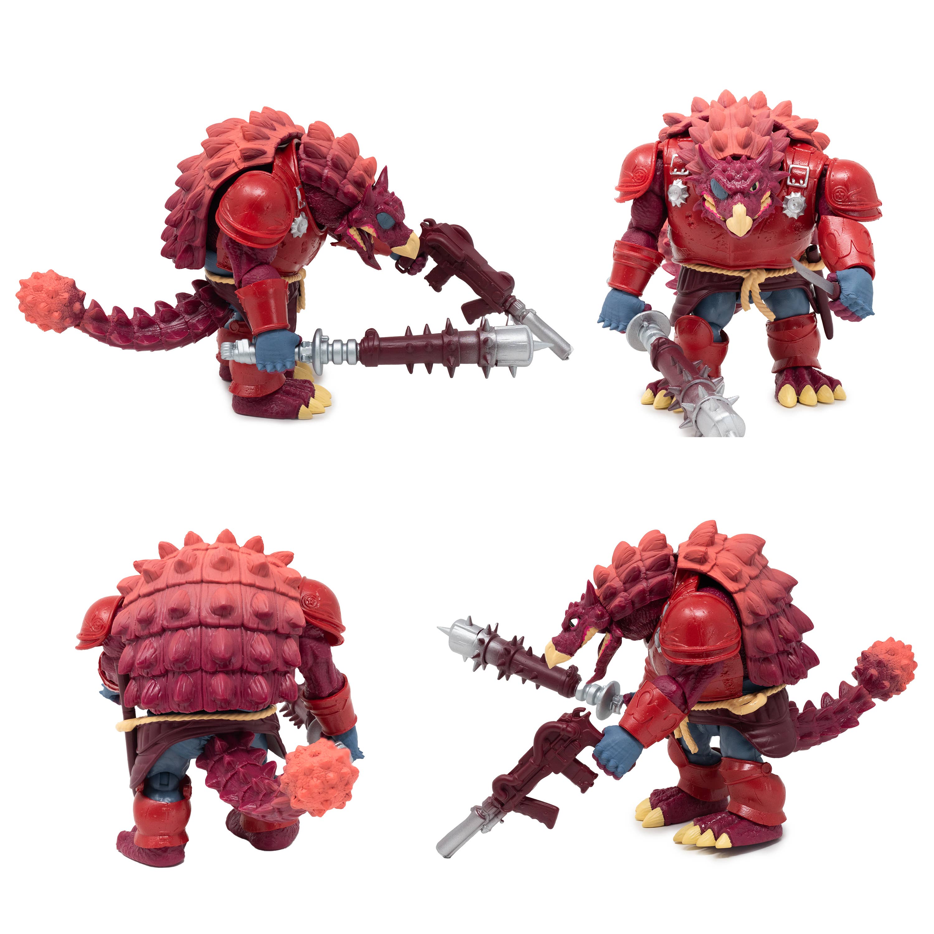 Staze Akiden Saurozoic Warriors action figure, a 1/12 scale Samurai Ankylosaur. The maroon-armored dinosaur warrior is shown in a Ronin-inspired outfit holding a large spiked club. 6-inch scale collectible by Boss Fight Studio.