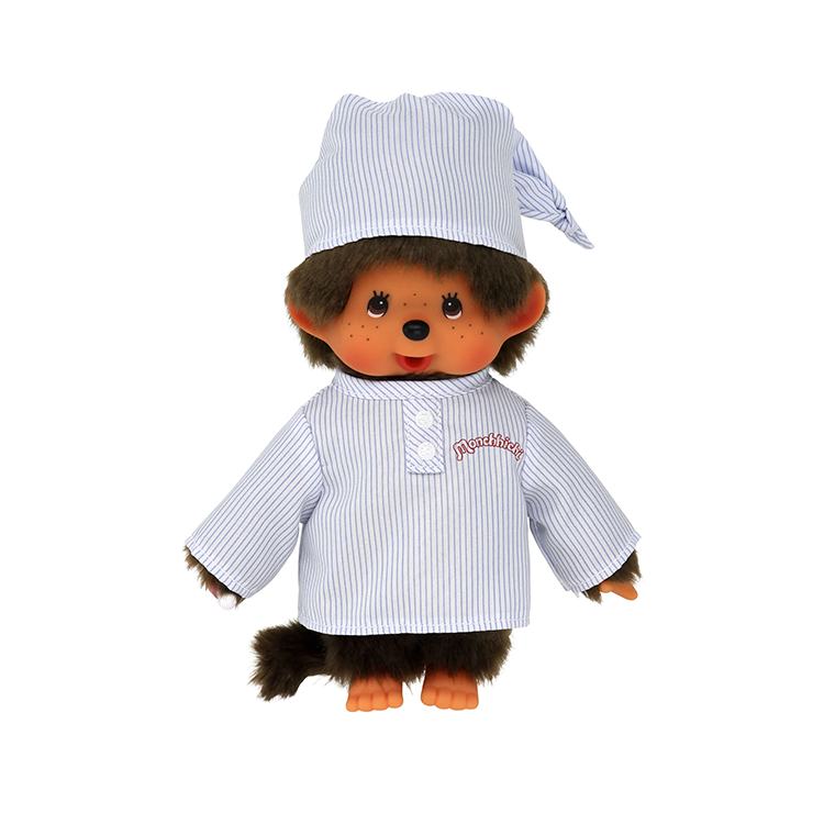 Official Sekiguchi 8-inch Monchhichi Boy doll wearing classic blue pajamas, often searched as a Monchichi pajama plush.