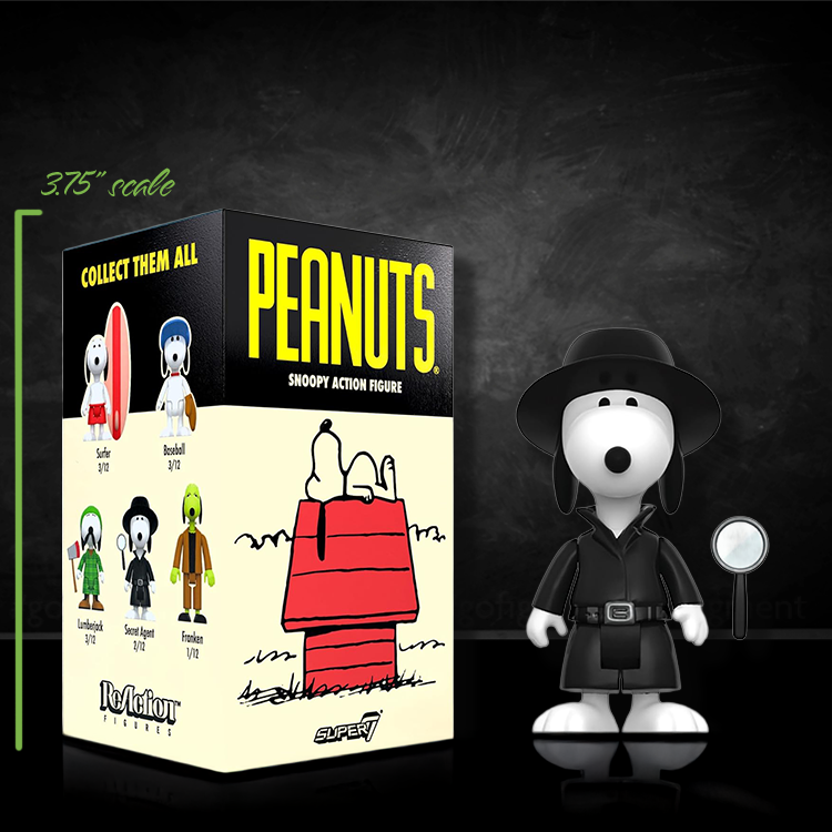 Super7 Peanuts Secret Agent Snoopy 3.75 inch action figure in black trench coat with magnifying glass next to box