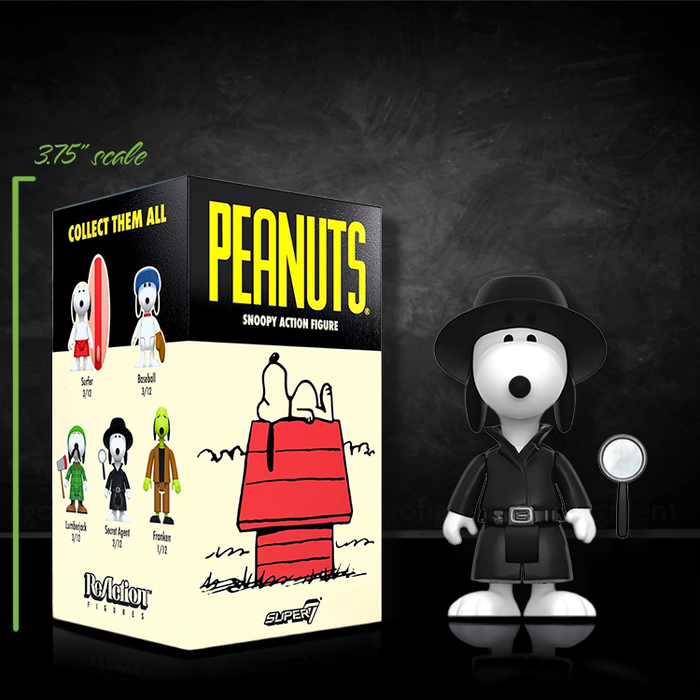 Super7 Peanuts Secret Agent Snoopy 3.75 inch action figure in black trench coat with magnifying glass next to box
