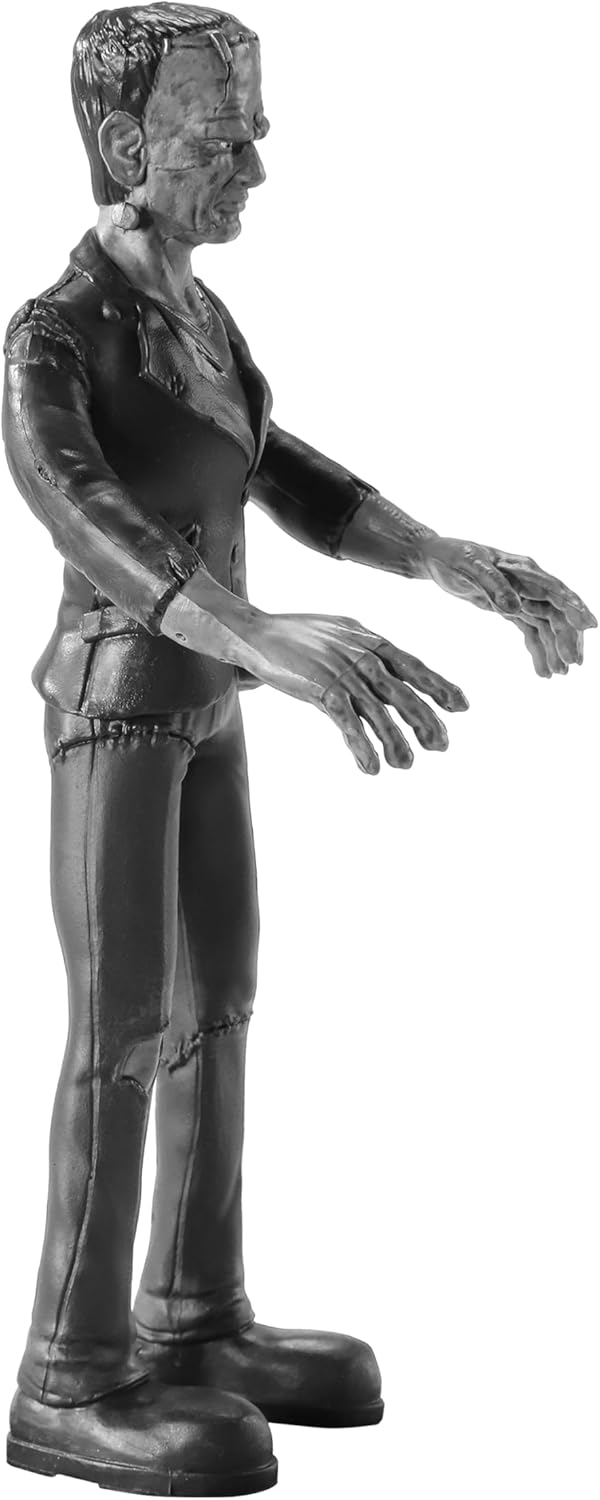 Bendable Universal Monsters Frankenstein figure in black and white posed with outstretched arms by The Noble Collection