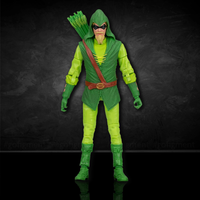 McFarlane Green Arrow action figure in green hooded outfit with quiver and longbow on dark textured background
