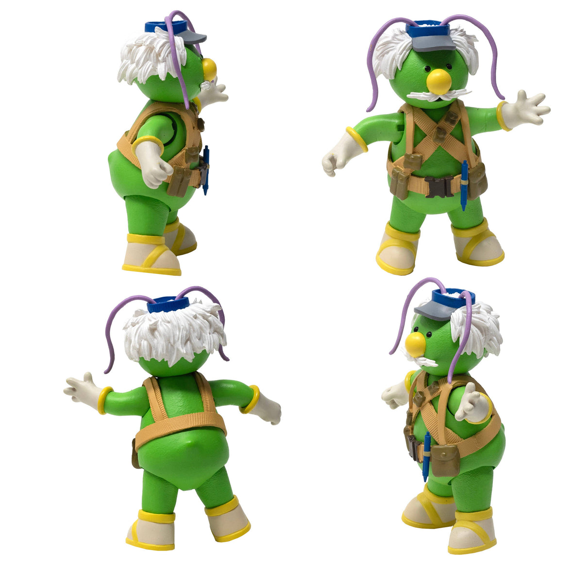 Boss Fight Studio Llc Fraggle Rock Doozer action figure in green with white hair and detailed tan harness shown from four angles