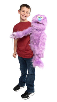 Silly Puppets - Silly Puppets Monster, Purple (30") plush puppet with soft purple fur and movable mouth by Silly Puppets held by smiling boy