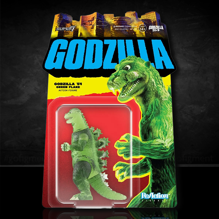 Super7 Godzilla Semi-Clear Green 3 3/4-inch ReAction figure in branded packaging with cityscape background
