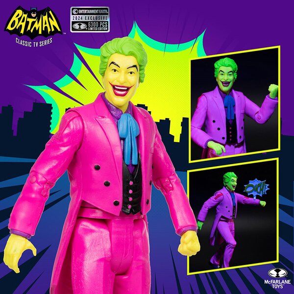 McFarlane Joker action figure from Batman Classic TV Series in pink suit with green hair and blue tie close-up and pose details