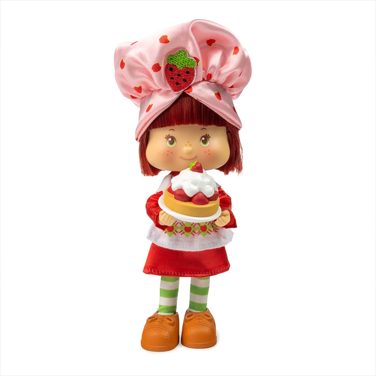 Loyal Subjects Strawberry Shortcake 5.5 inch articulated doll holding cake wearing pink chef hat and red outfit