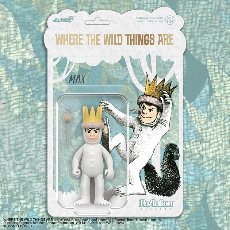 Super7 Where the Wild Things Are Max 3.75-inch ReAction figure in white crown costume packaging close-up view