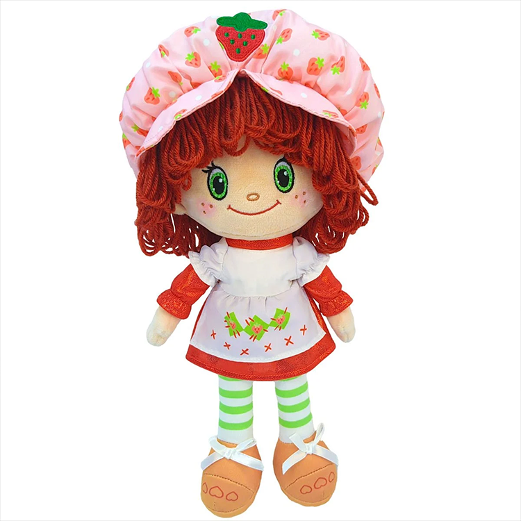 Strawberry Shortcake plush doll with red yarn hair, pink strawberry hat, and Loyal Subjects soft fabric outfit