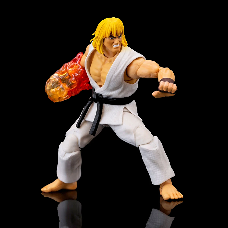 Jada Toys Ultra Street Fighter II Ken Player 2 action figure in white gi with translucent red dragon flame effect on fist