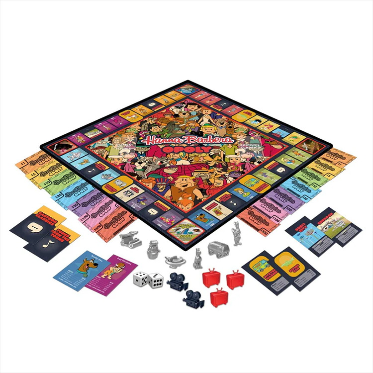 Hasbro Hanna Barbera OPOLY board game with colorful character tokens, property cards, dice, and play money laid out on surface