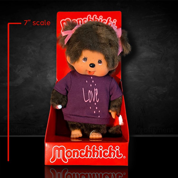 Official Sekiguchi 8-inch Monchhichi Girl doll wearing a red knit LOVE sweater, often searched as a Monchichi valentine plush.