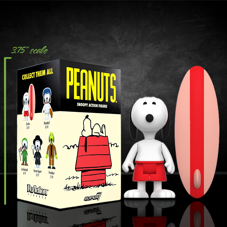 Super7 Surfer Snoopy action figure in red swim trunks with surfboard and Peanuts branded packaging box display