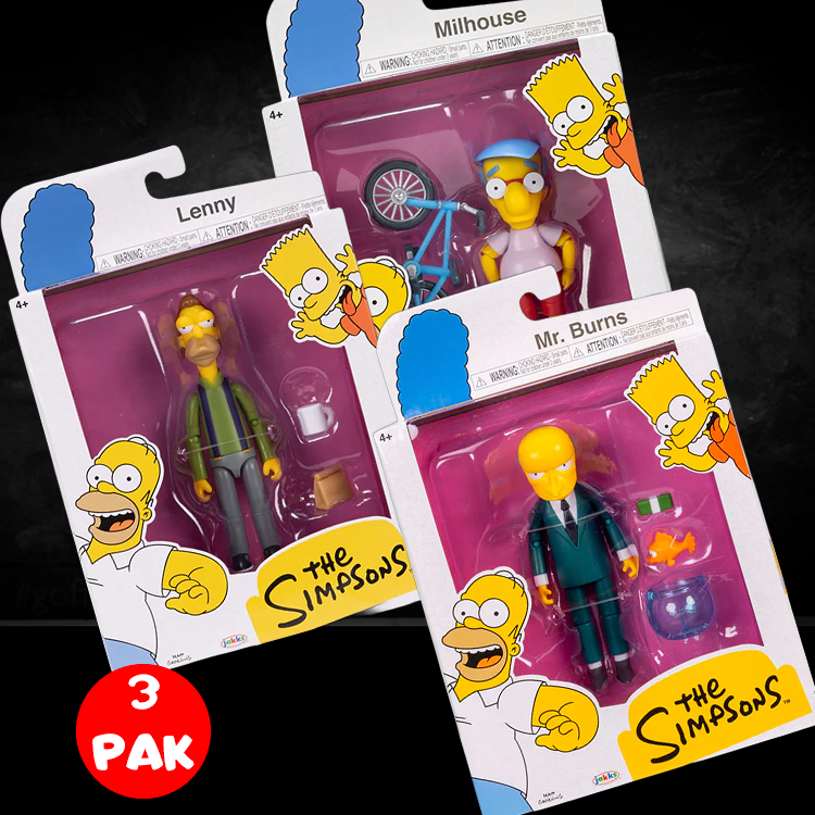 Jakks Pacific Simpsons 5-inch Lenny Milhouse Mr Burns action figures bundle in packaging on dark surface
