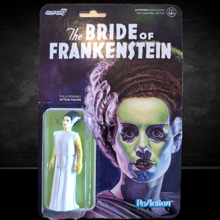 Super7 Universal Monsters Bride of Frankenstein ReAction Figure in original packaging with illustrated character background
