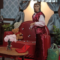 Zira in Pink Planet of the Apes Retro Style Articulated Mego Action Figure 8 inch by Mego posed in living room setting
