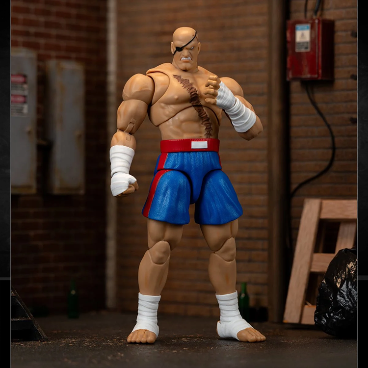 Jada Toys Ultra Street Fighter II Sagat 6-inch action figure flexing in detailed boxing shorts and bandaged fists