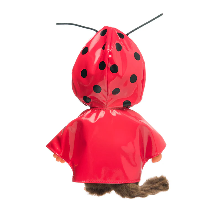 Official Sekiguchi 8-inch Monchhichi Girl doll in a Ladybug coat costume, often searched as a Monchichi ladybug plush.