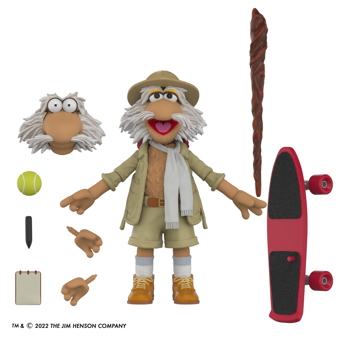 Boss Fight Studio Llc Fraggle Rock Uncle Traveling Matt figure with alternate head, hands, skateboard, walking stick, tennis ball, and notebook accessories