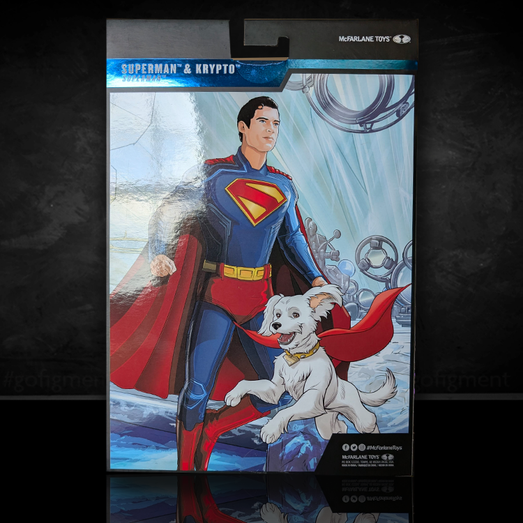 McFarlane Superman and Krypto DC Multiverse deluxe figure packaging with illustrated Man of Steel and dog in red cape