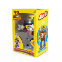 California Creations - Z Classics Robot, Merlin vintage style red and blue translucent wind-up toy in yellow box packaging