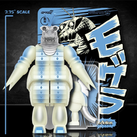 Super7 Moguera '57 glow ReAction figure in translucent blue and white with vintage style packaging background
