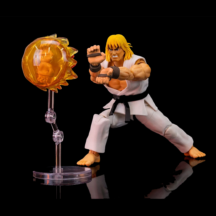 Jada Toys Ultra Street Fighter II Ken Player 2 action figure in white gi pose with fiery energy effect on stand