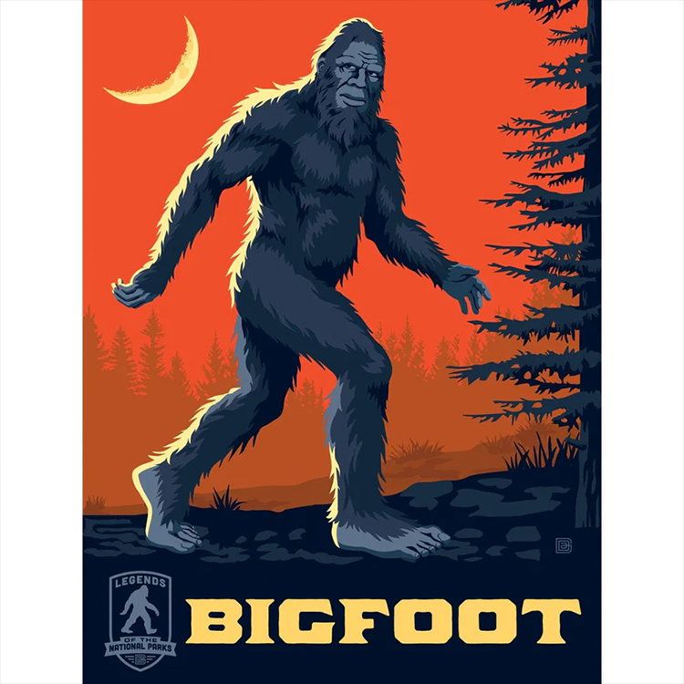 Master Pieces Big Foot jigsaw puzzle artwork featuring a stylized Bigfoot figure walking by moonlit forest background