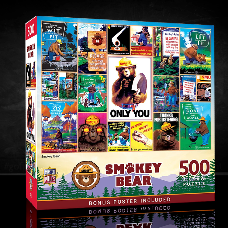 Master Pieces Smokey Bear 500-piece puzzle featuring vintage forest fire prevention posters with bonus poster included