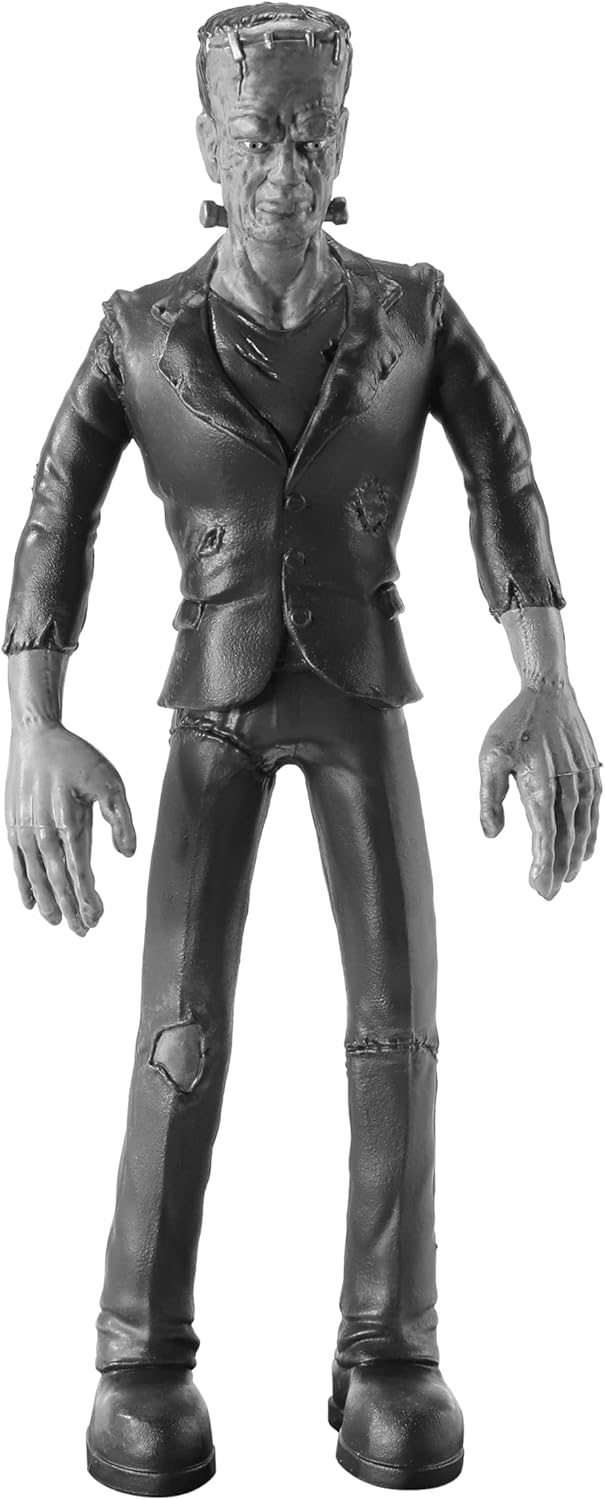 Bendable Universal Monsters Frankenstein figure in black and white by The Noble Collection standing upright with detailed facial features