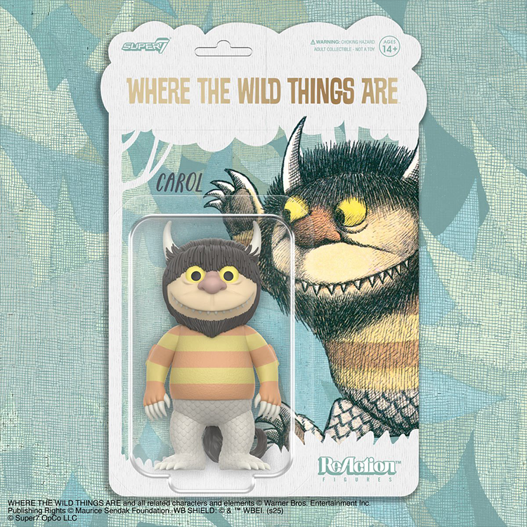 Where the Wild Things Are Carol ReAction figure by Super7 in blister card with illustrated background of Carol monster