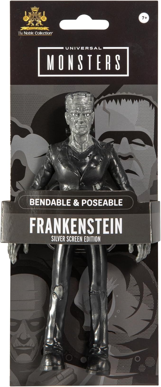 Bendable and poseable Universal Monsters Frankenstein figure in black and white packaging from The Noble Collection