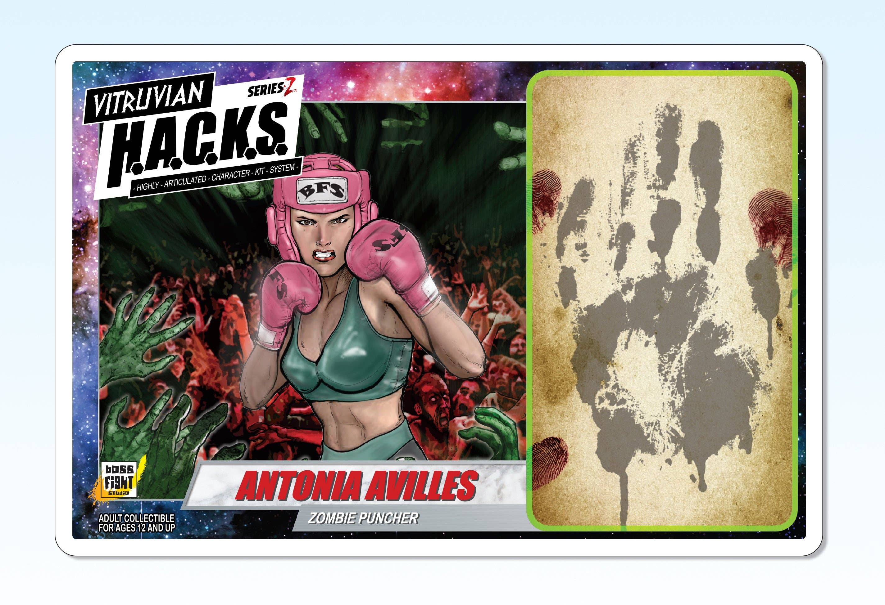 Trading card featuring a character named Antonia Avilles with a zombie puncher theme, surrounded by zombies.