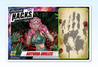 Trading card featuring a character named Antonia Avilles with a zombie puncher theme, surrounded by zombies.