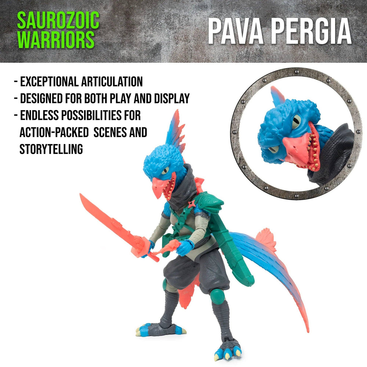 Pava Pergia Saurozoic Warriors action figure, a 6-inch scale Ninja Archaeopteryx. This feathered dinosaur warrior features teal and grey plumage, a black ninja mask, and holds two red tech-swords. 1:12 scale collectible from Boss Fight Studio