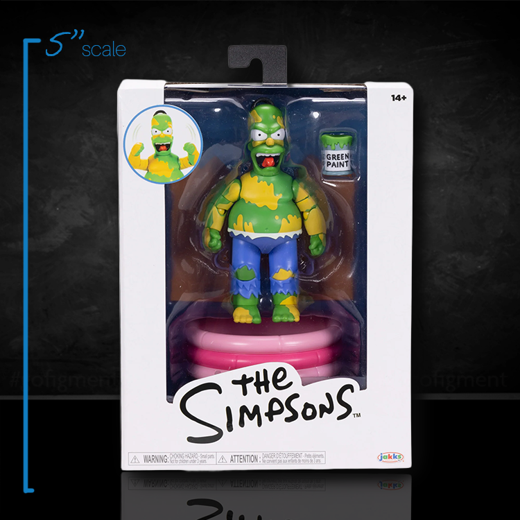 Jakks Pacific Furious Homer Simpson 5-inch action figure with green paint and pink base in branded packaging
