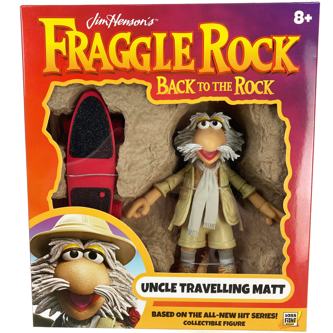 Boss Fight Studio Llc Fraggle Rock Uncle Traveling Matt figure with beige outfit, hat, scarf, and red skateboard accessory in packaging