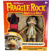 Boss Fight Studio Llc Fraggle Rock Uncle Traveling Matt figure with beige outfit, hat, scarf, and red skateboard accessory in packaging