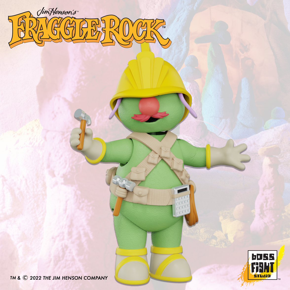 Boss Fight Studio Llc Fraggle Rock Flange Doozer figure with yellow helmet, green body, tool belt, hammer, and calculator on cave background