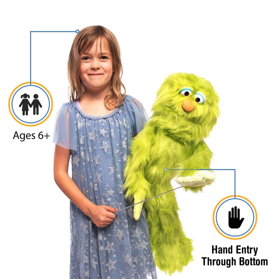 Silly Puppets - Silly Puppets Monster, Green (30") plush puppet with bright green fur and orange nose held by young girl