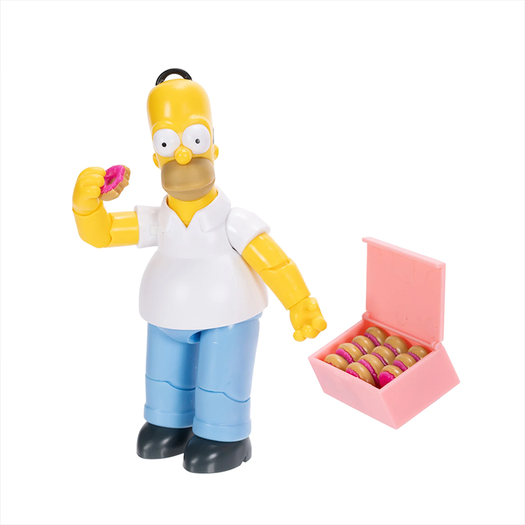 Jakks Pacific Homer Simpson 5-inch action figure holding a donut with open pink box of donuts on white background