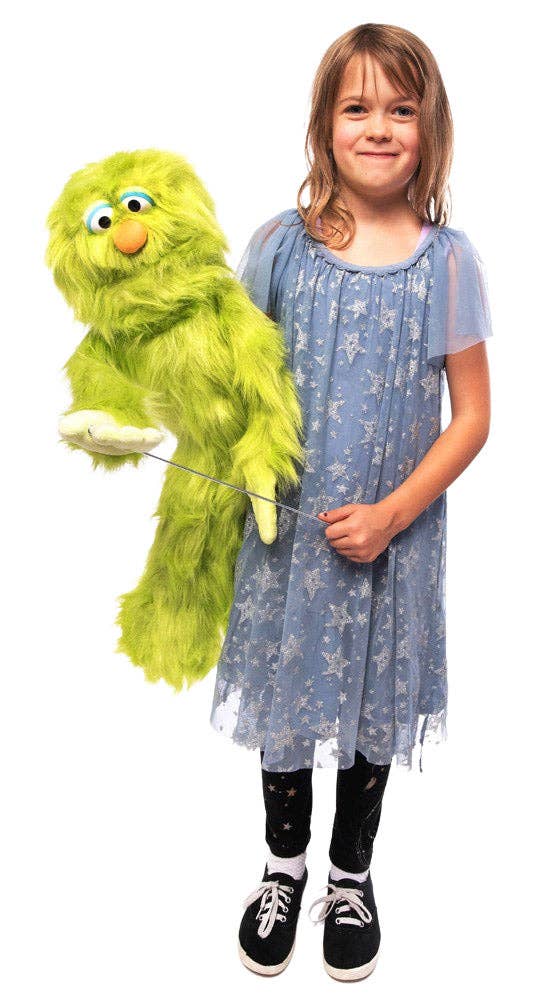 Silly Puppets - Silly Puppets Monster, Green (30") plush puppet with bright green fur operated by young girl in blue dress