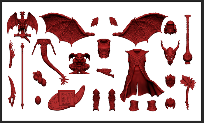 Various red fantasy-themed armor, weapons, and creature parts laid out on a white background in a flat arrangement.