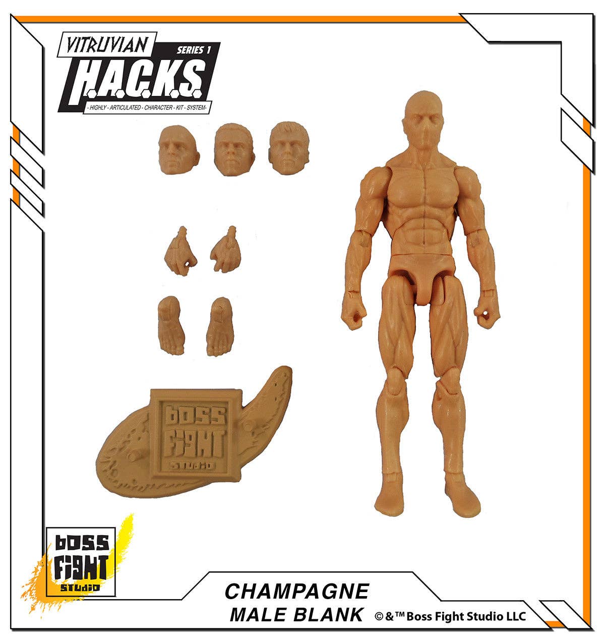 Articulated tan male blank action figure with interchangeable heads, hands, and a Boss Fight Studio logo base plate on white background