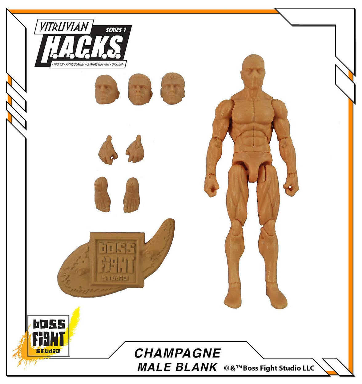 Articulated tan male blank action figure with interchangeable heads, hands, and a Boss Fight Studio logo base plate on white background