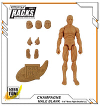 Articulated tan male blank action figure with interchangeable heads, hands, and a Boss Fight Studio logo base plate on white background
