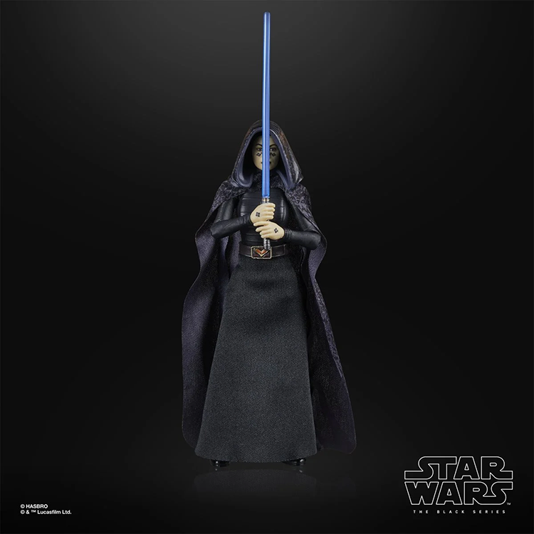 Hasbro Star Wars Black Series Barriss Offee 6-inch action figure with blue lightsaber and dark cloak on black background